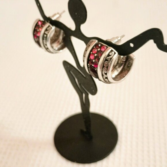 Wide Red Crystal Hoop Earrings Women's Silver Tone Scroll Post Jewelry - Picture 4 of 10